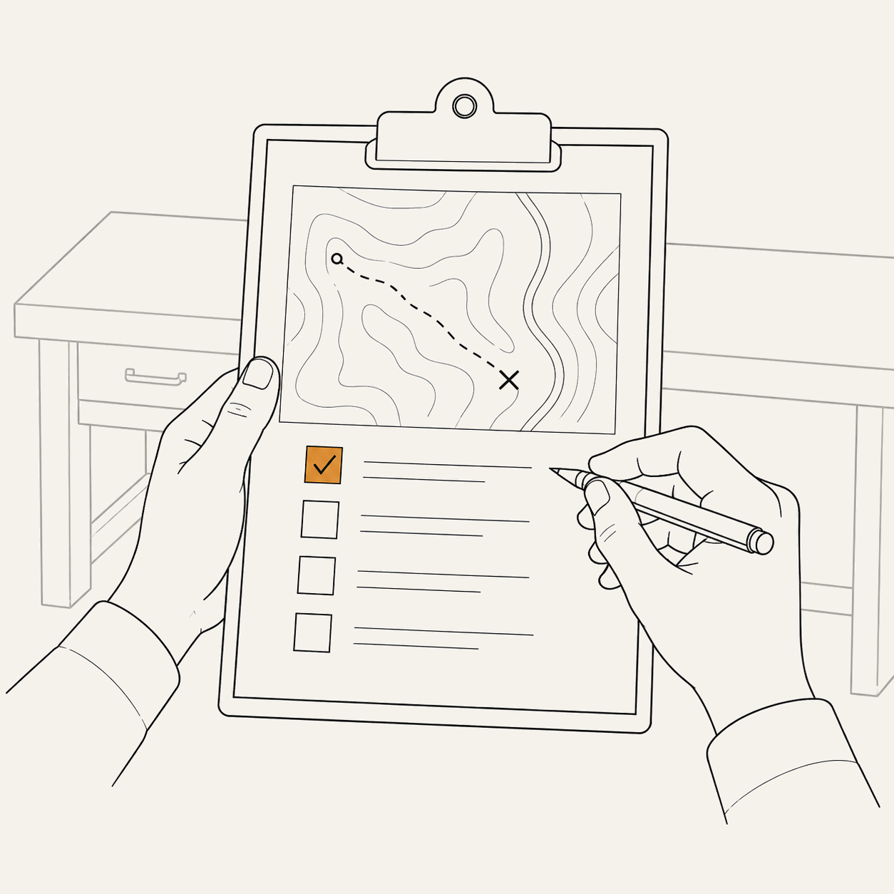 Hands tracing a route on a map and checklist — mapping the task as it is done.