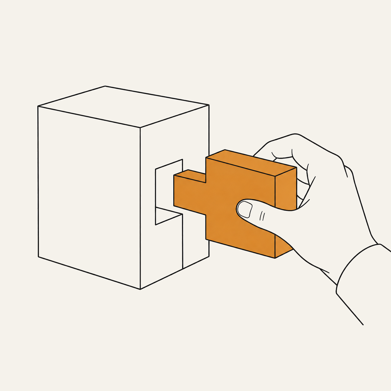 A hand fitting a shaped block into a mortise — the karigar fitted to the process.