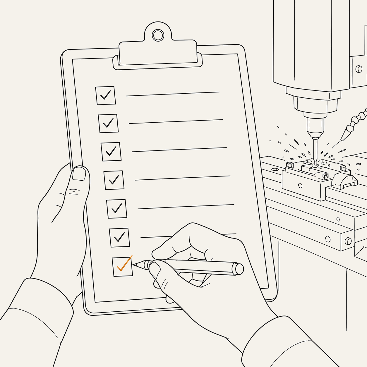 A completed checklist beside a running machine — the business running on system.